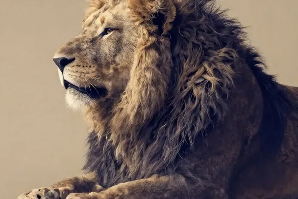 León tranquilo de perfil iluminado por una luz dorada suave