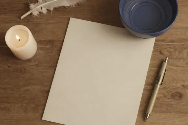 Pluma clara, cuenco con agua, papel en blanco, bolígrafo y vela blanca apagada sobre una mesa.
