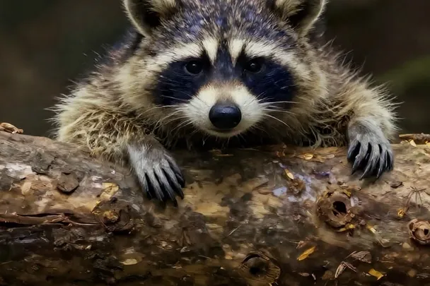 Detalle de la máscara facial y las patas delanteras de un mapache apoyado en un tronco.