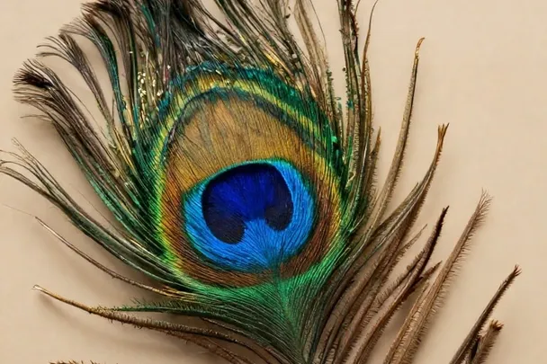 Detalle de un ocelo azul y verde en una pluma de pavo real, con sus barbas visibles.