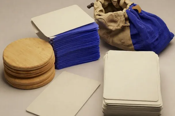 Tarjetas opacas sin marcar, discos de madera lisos y una bolsa de tela sobre una mesa.