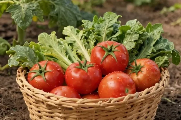 Cesta de verduras maduras junto a un huerto cuidado.