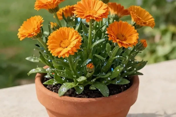 Flores de caléndula en una maceta bajo el sol.