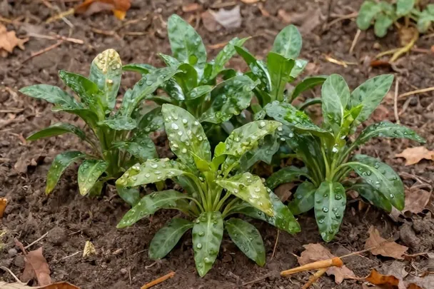 Arriate renovado con plantas jóvenes y hojas de otoño.