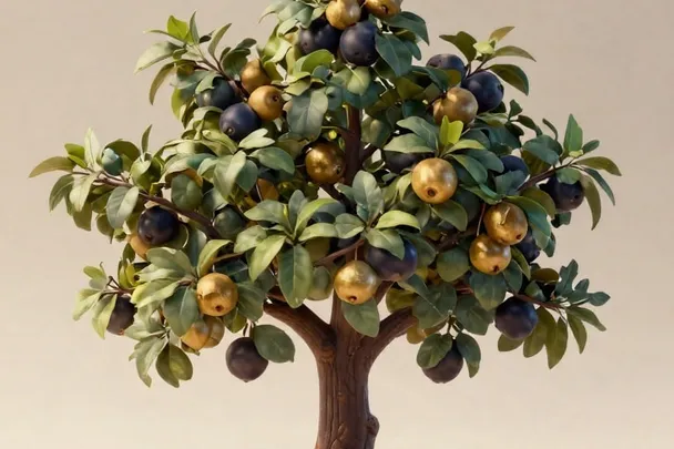 Árbol frutal reúne hojas nuevas y frutos maduros en un jardín