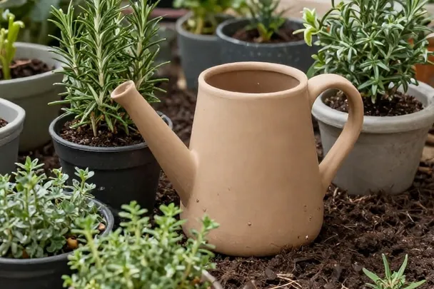 Regadera sencilla junto a plantas aromáticas en macetas.