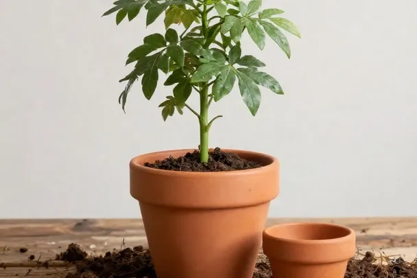 Planta trasladada a una maceta mayor en una mesa de jardín.