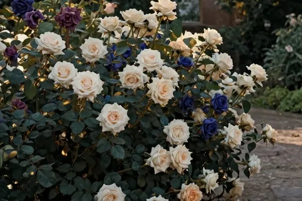 Rosas crecen alrededor de un sendero que se abre hacia un jardín acogedor