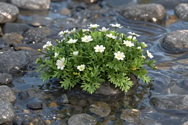 Flor silvestre junto a un manantial transparente.