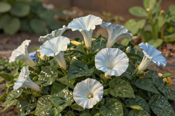 Flores que empiezan a abrirse al amanecer en un jardín.