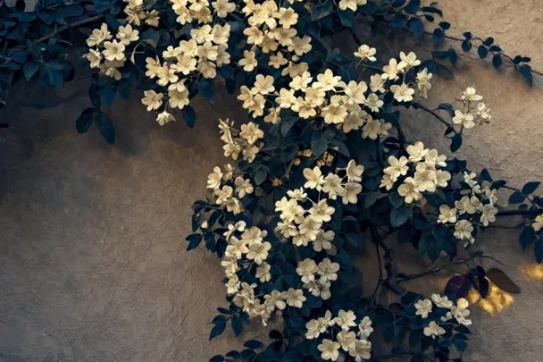 Enredadera firme sostiene flores delicadas sobre una pared cálida