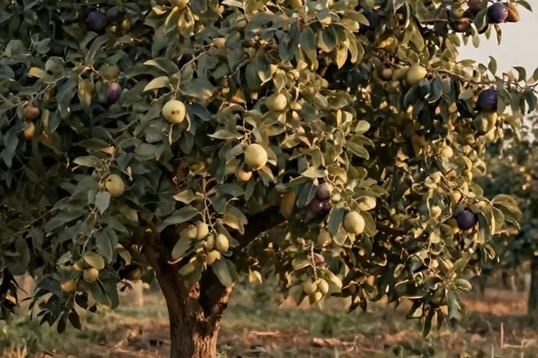 Árbol fuerte cargado de frutos maduros en un huerto luminoso.