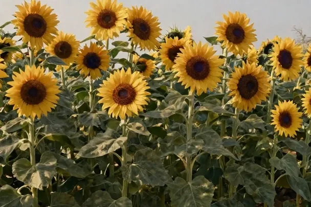 Girasoles erguidos bajo una luz cálida de verano.