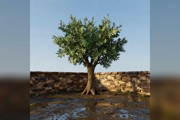 Árbol firme junto al muro bajo de un jardín después de la lluvia.
