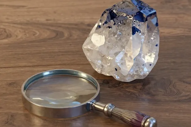 Lupa lisa acompaña una piedra transparente en una mesa tranquila
