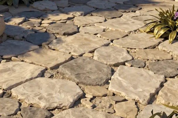 Mosaico liso de piedras encajadas en un patio cuidado.