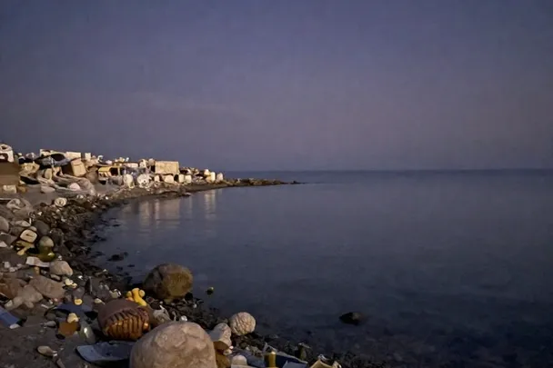 Bahía tranquila bajo la luna con un horizonte despejado.