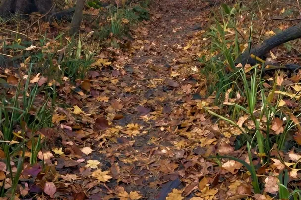 Hojas de otoño sobre un camino rodeado de brotes verdes.