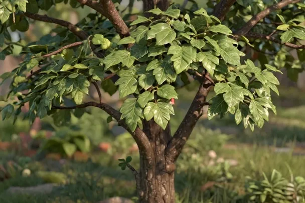 Rama de un árbol con hojas nuevas iluminadas al amanecer.
