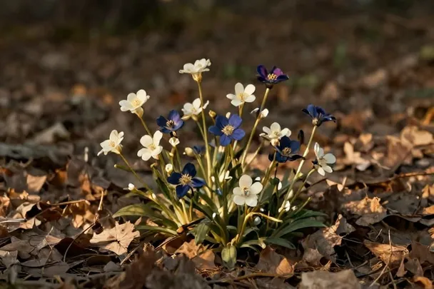 Flores nuevas que crecen entre hojas secas al amanecer.