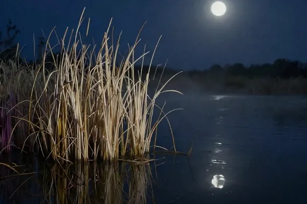 Juncos nuevos junto a un estanque tranquilo bajo la luna.