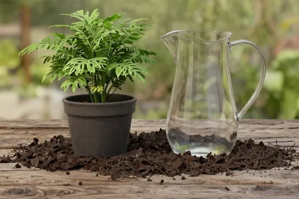 Planta renovada junto a una jarra de cristal en una mesa de jardín.