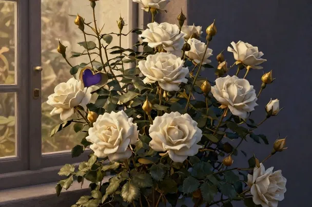 Rosal con flores y capullos crece alrededor de una ventana abierta