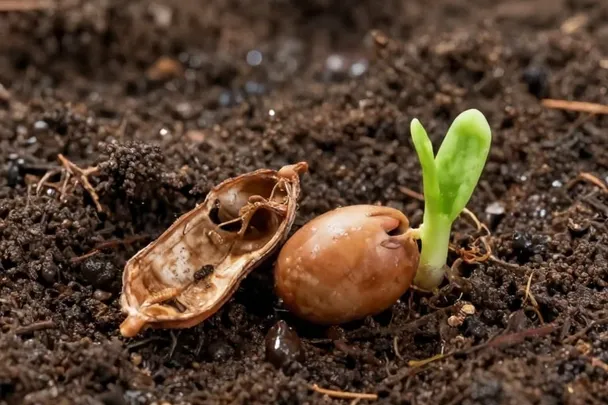 Semilla germinada junto a una vaina abierta sobre tierra húmeda.