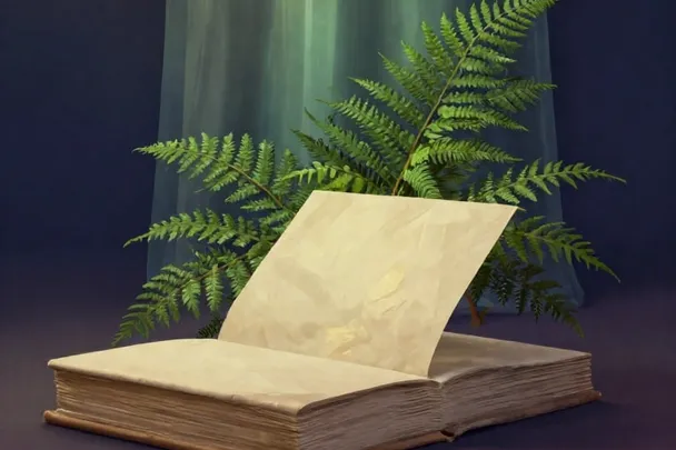 Libro cerrado descansa junto a un helecho frondoso tras un visillo