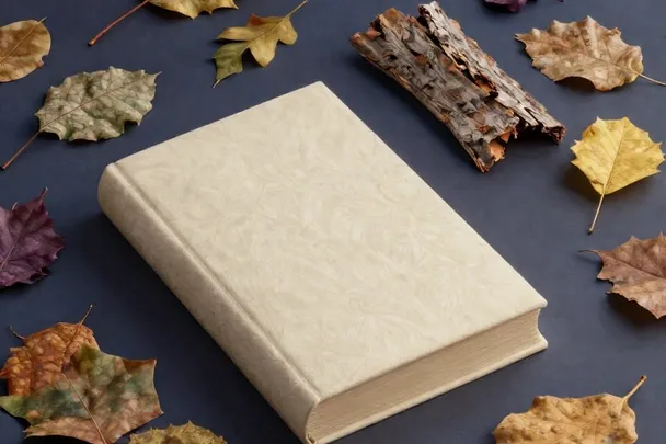 Corteza de árbol y hojas de distintos tonos reposan junto a un libro cerrado