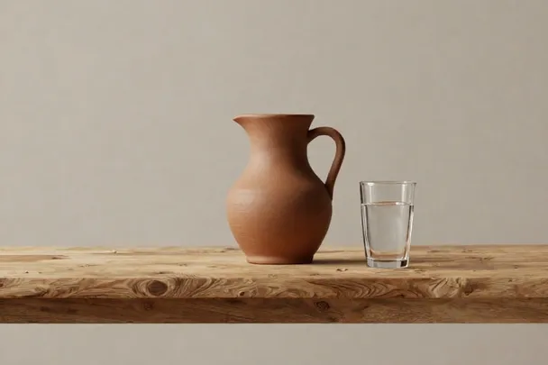 Jarra de cerámica y vaso de agua en una mesa despejada.