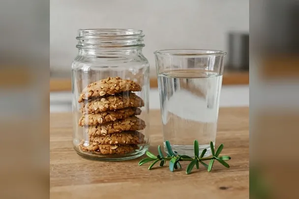 Tarro abierto con pequeños dulces y una taza de agua sobre una mesa.