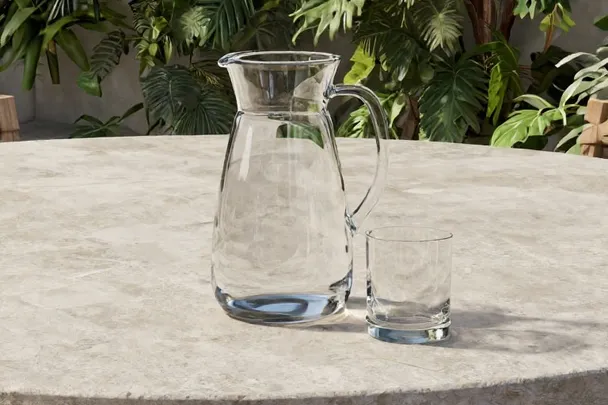 Jarra y vaso de cristal sobre una mesa iluminada por el sol.