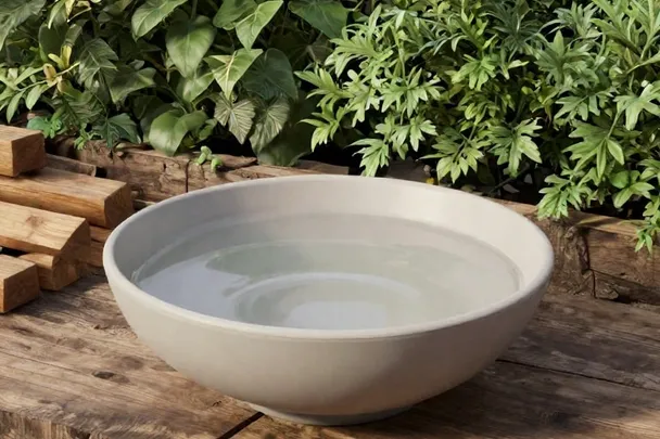 Cuenco de agua sobre una mesa estable junto a un jardín en renovación.