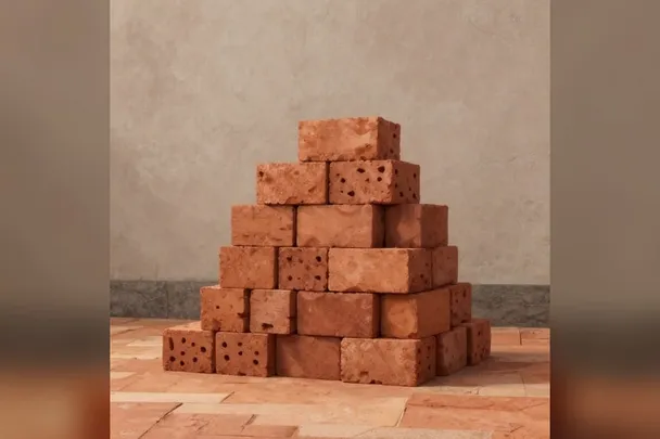 Ladrillos de arcilla apilados junto a una pared de patio.