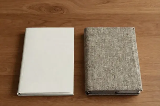 Cuaderno cerrado y baraja envuelta en lino sobre una mesa
