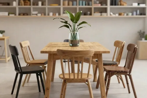 Sillas vacías junto a una mesa de trabajo compartida.