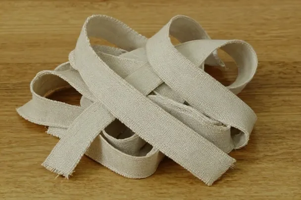 Cintas de lino entrelazadas con extremos sueltos sobre madera.