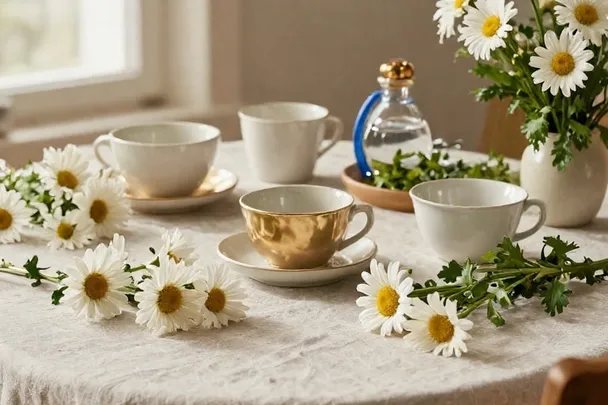 Tazas de cerámica junto a flores frescas en una mesa soleada.