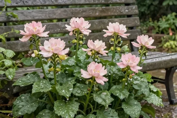 Flores nuevas junto a un banco de jardín vacío.