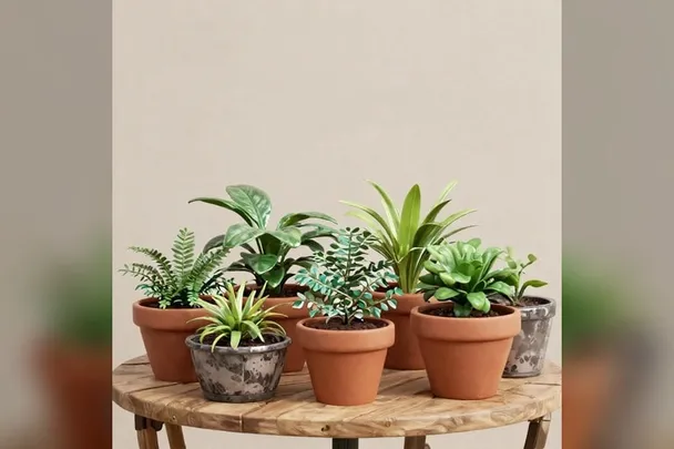 Plantas jóvenes junto a macetas antiguas en un patio compartido.