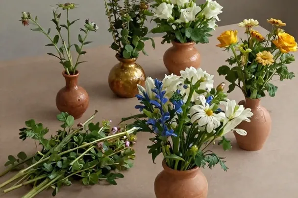 Arreglo floral separado en pequeños recipientes sencillos.