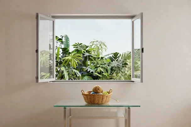 Mesa creativa junto a una ventana abierta, con materiales de tejido.