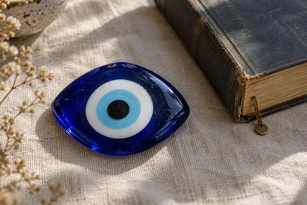 Adorno de vidrio azul con forma de ojo junto a un libro cerrado sobre lino claro