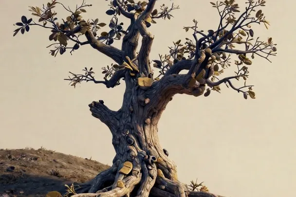 Árbol de tronco curtido conserva hojas nuevas en una ladera