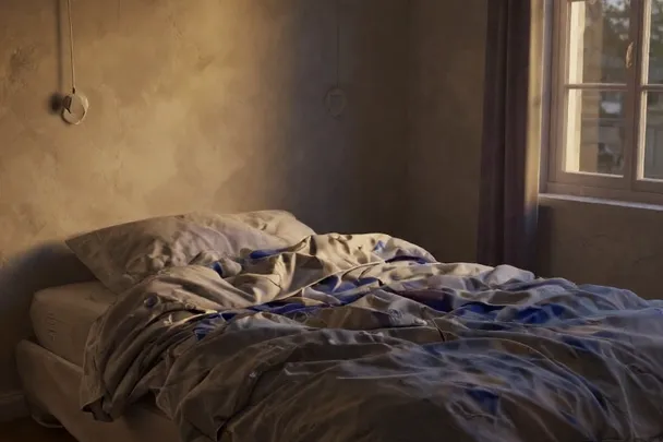 Cama deshecha junto a una ventana por la que entra la primera luz