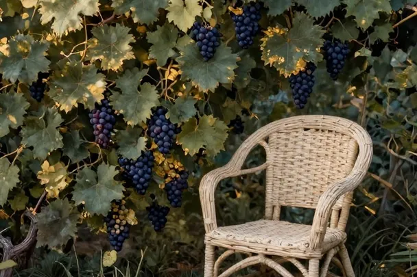 Rincón de jardín cuidado con una silla vacía y uvas maduras