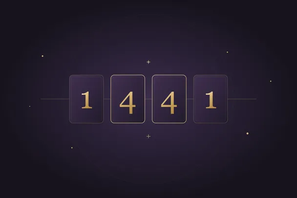 Dos unos rodean a dos cuatros en una ilustración simétrica de tonos violeta y oro