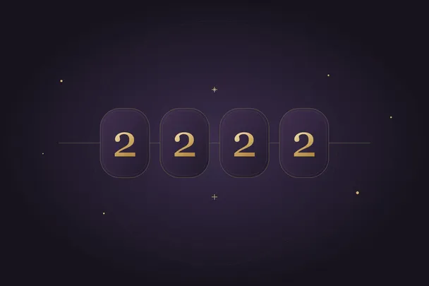 Cuatro doses dorados en paneles violetas redondeados, agrupados en una composición simétrica