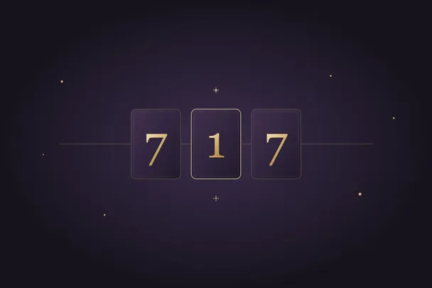 El número 717 en tres paneles, con dos sietes simétricos alrededor de un uno dorado